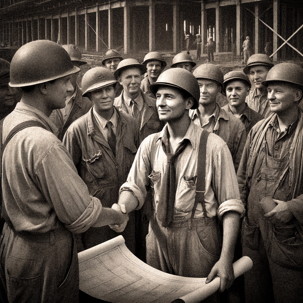 Operating Engineers Shaking Hands And Reviewing Plans