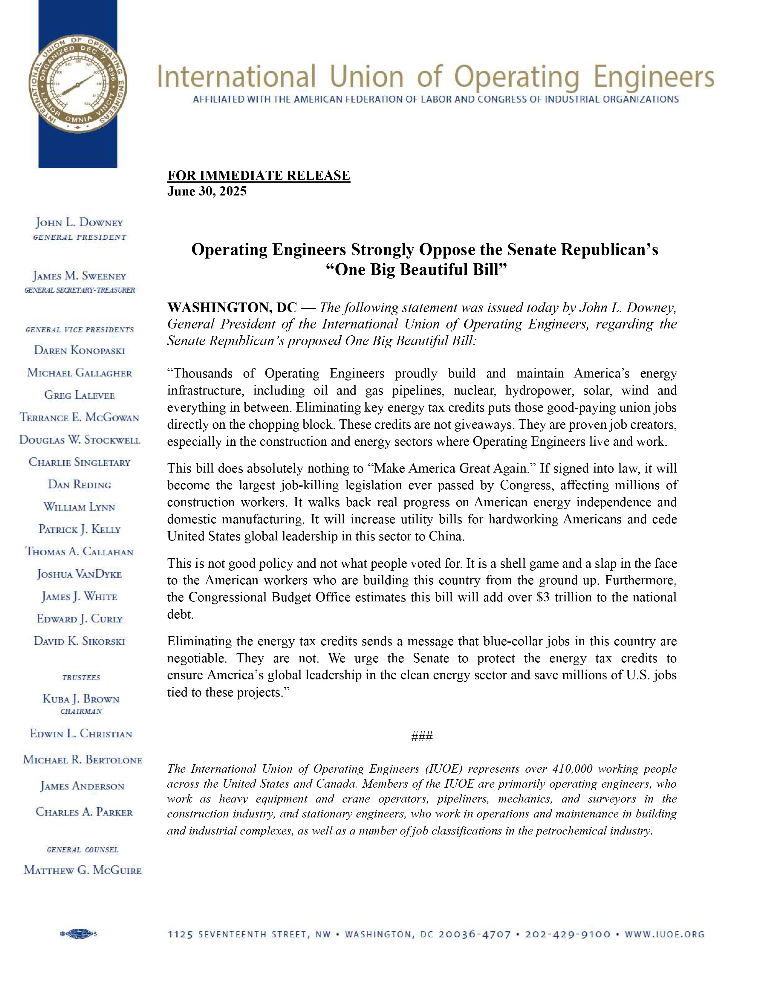 Operating Engineers Strongly Oppose the Senate Republican’s One Big Beautiful Bill